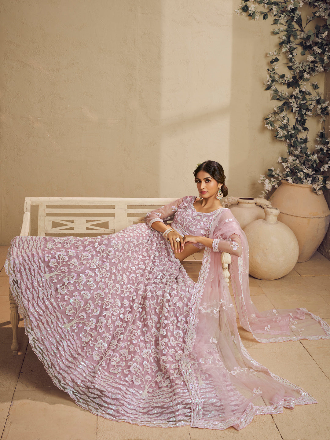 Pink Color Net Fabric Sequins embroidery Lehenga choli & Dupatta - qivii