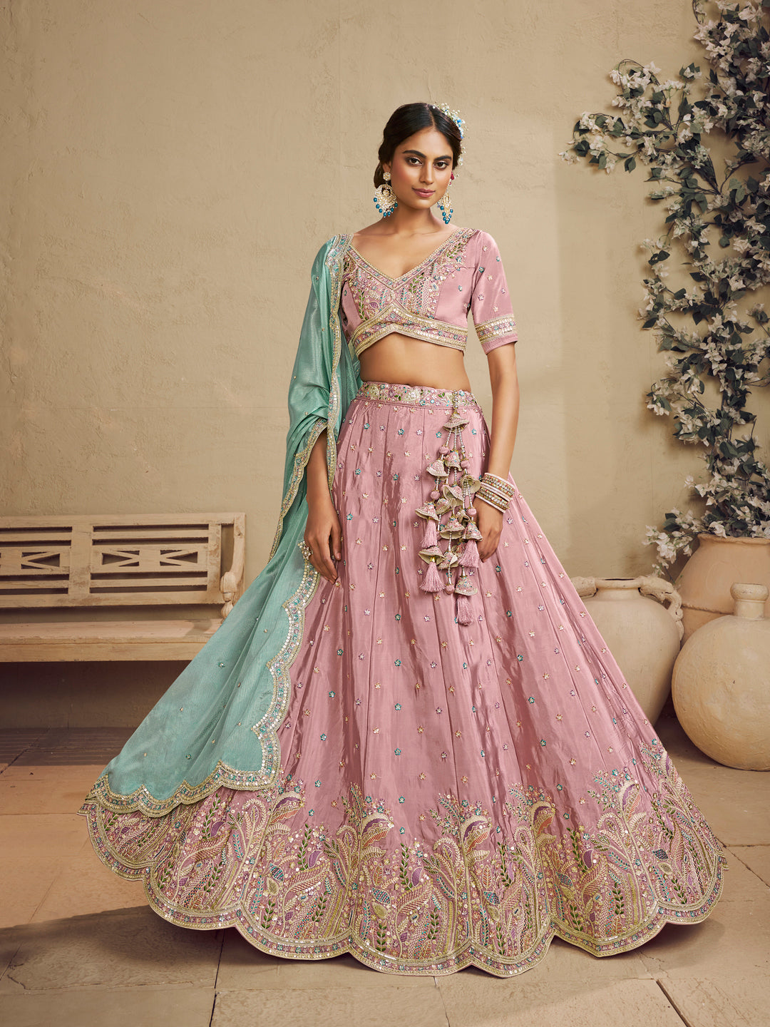 Pink Color Satin Silk Fabric Sequins embroidery Lehenga choli & Dupatta - qivii