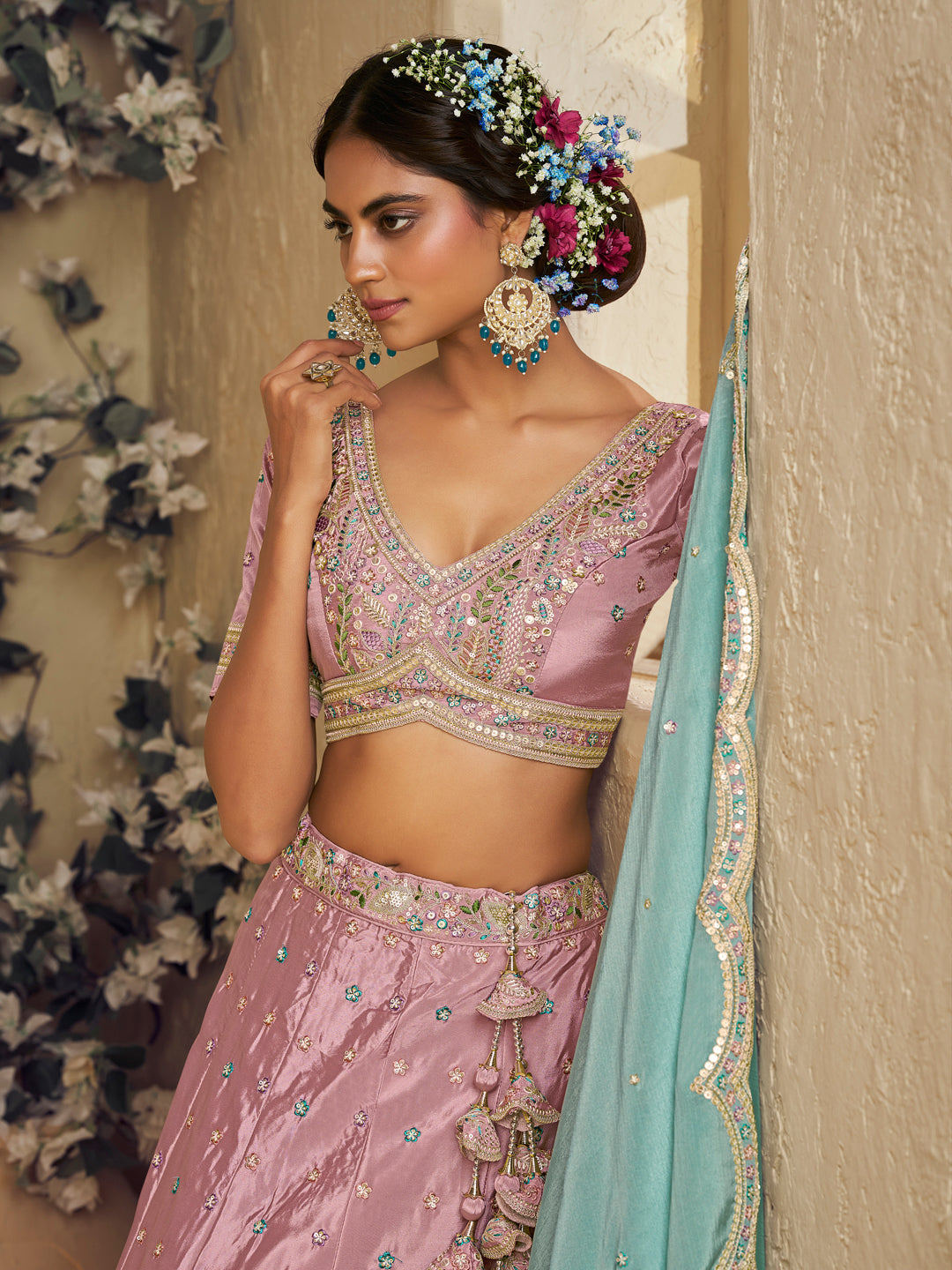 Pink Color Satin Silk Fabric Sequins embroidery Lehenga choli & Dupatta - qivii