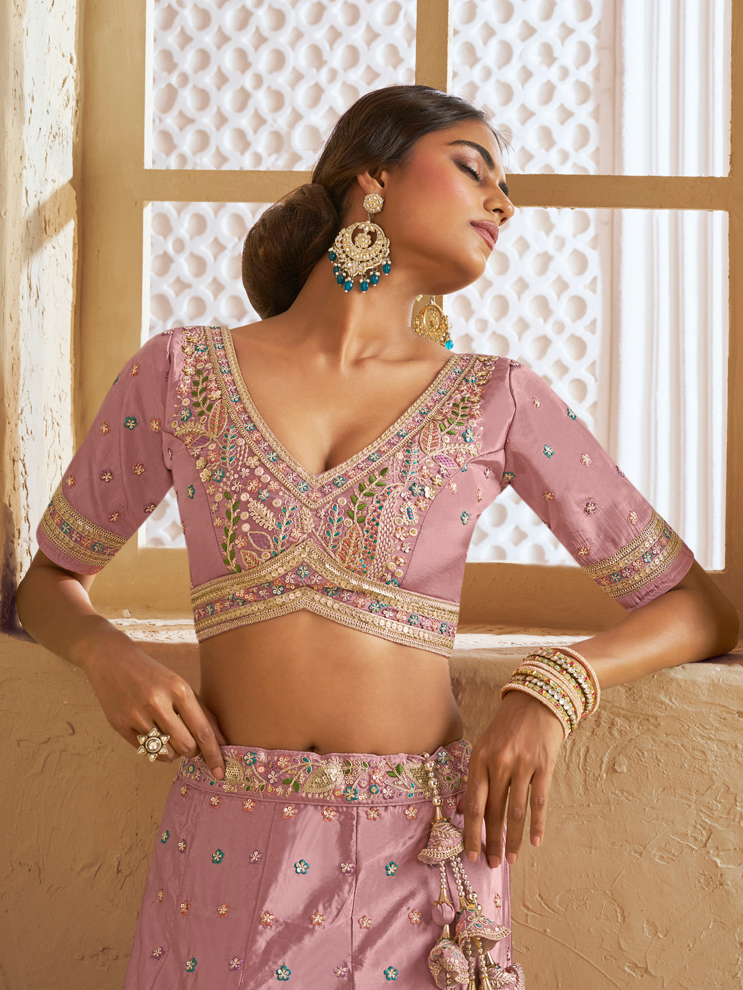 Pink Color Satin Silk Fabric Sequins embroidery Lehenga choli & Dupatta - qivii