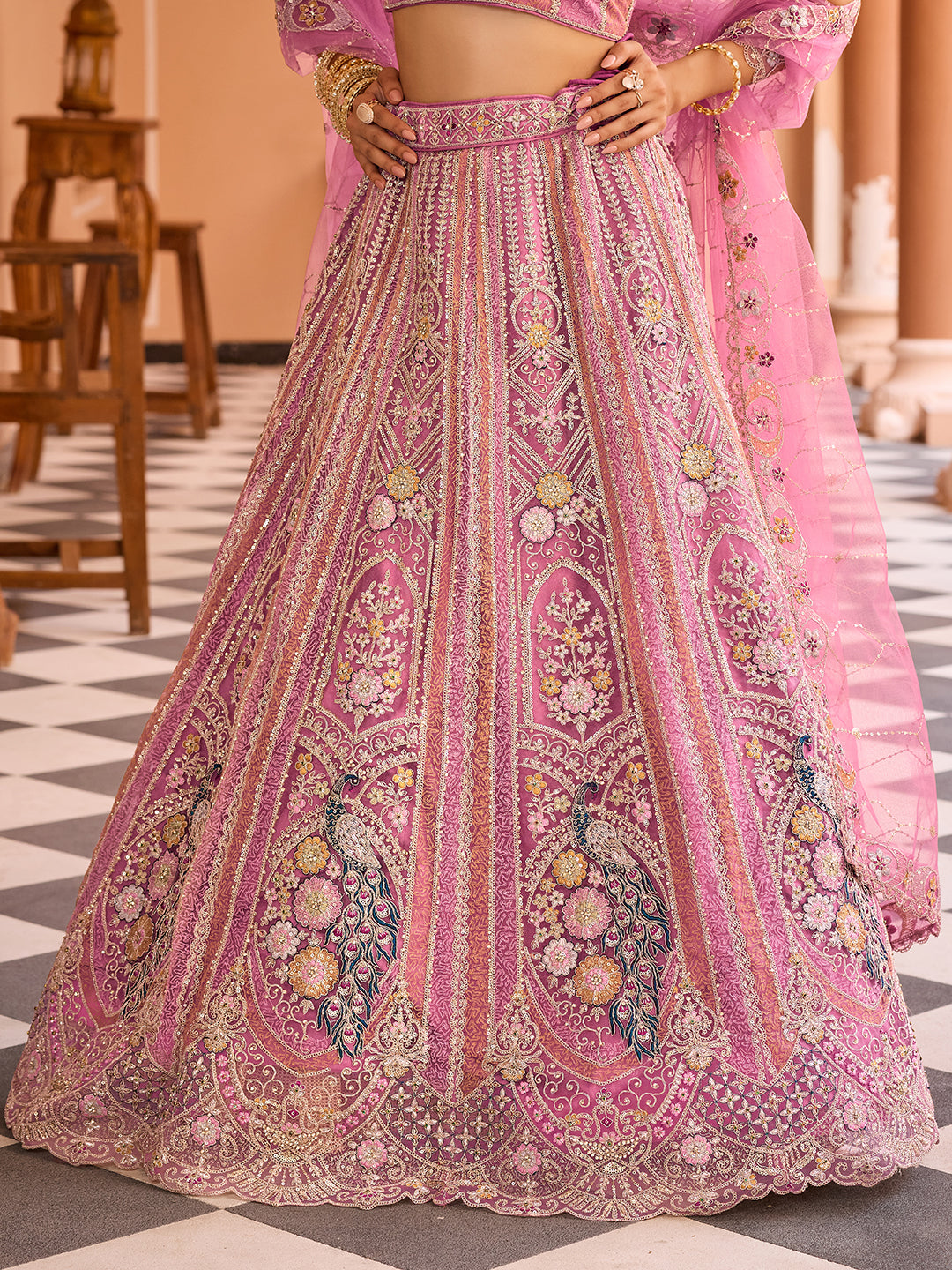 PINK - Net Fabric Sequins embroidery Semi-Stitched Lehenga & Unstitched Blouse With Dupatta