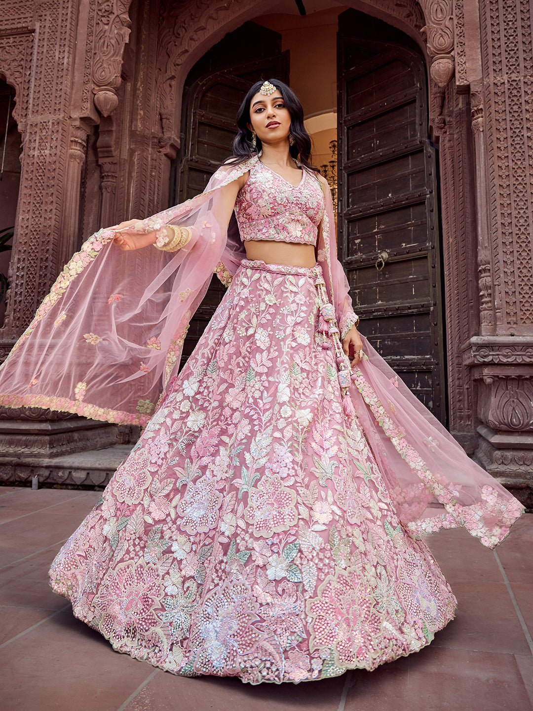 PINK - Net Fabric Sequins embroidery Semi-Stitched Lehenga & Unstitched Blouse With Dupatta