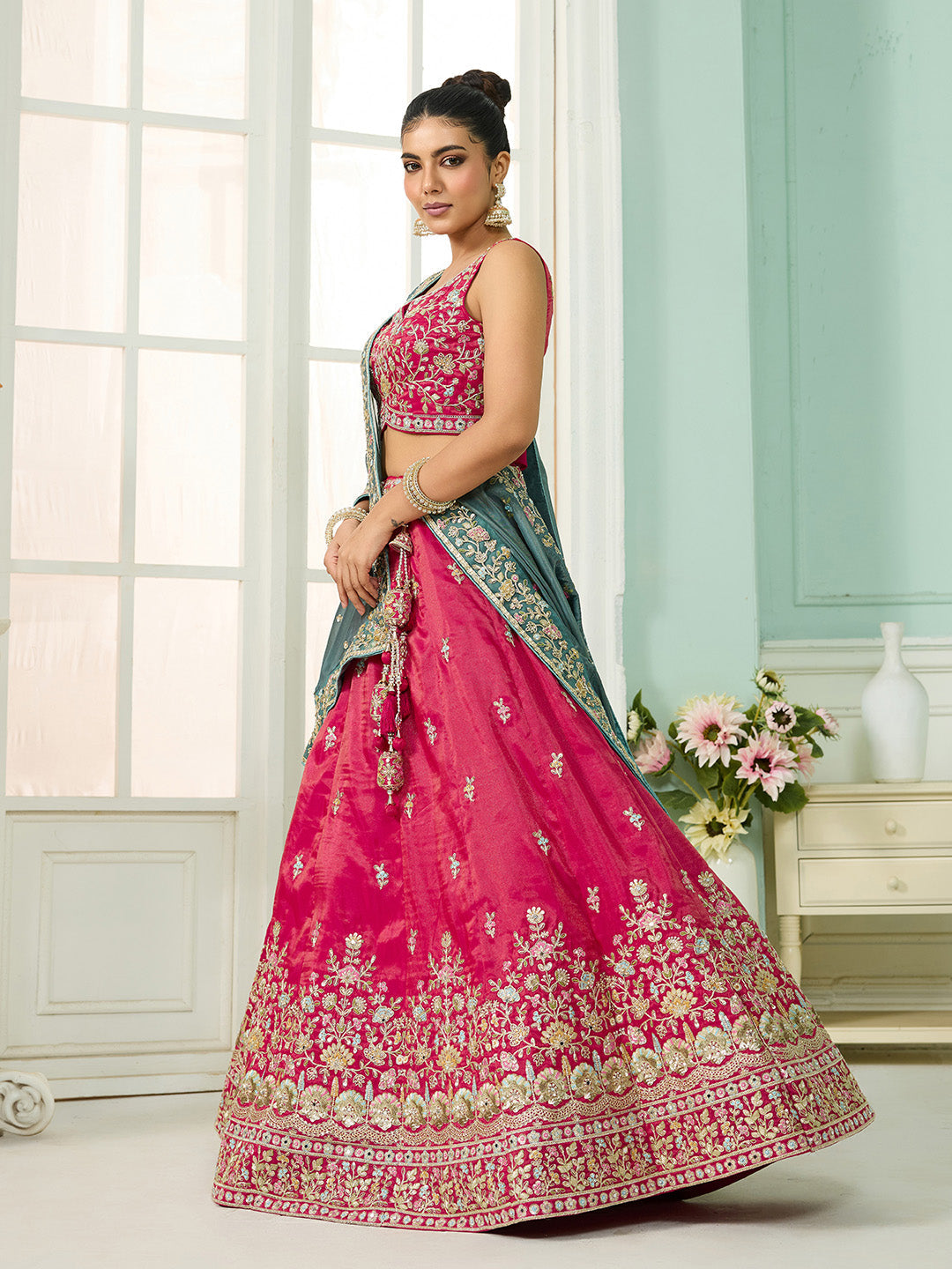 Pink- Silk Fabric Sequins embroidery Semi-Stitched Lehenga & Unstitched Blouse With Dupatta - qivii