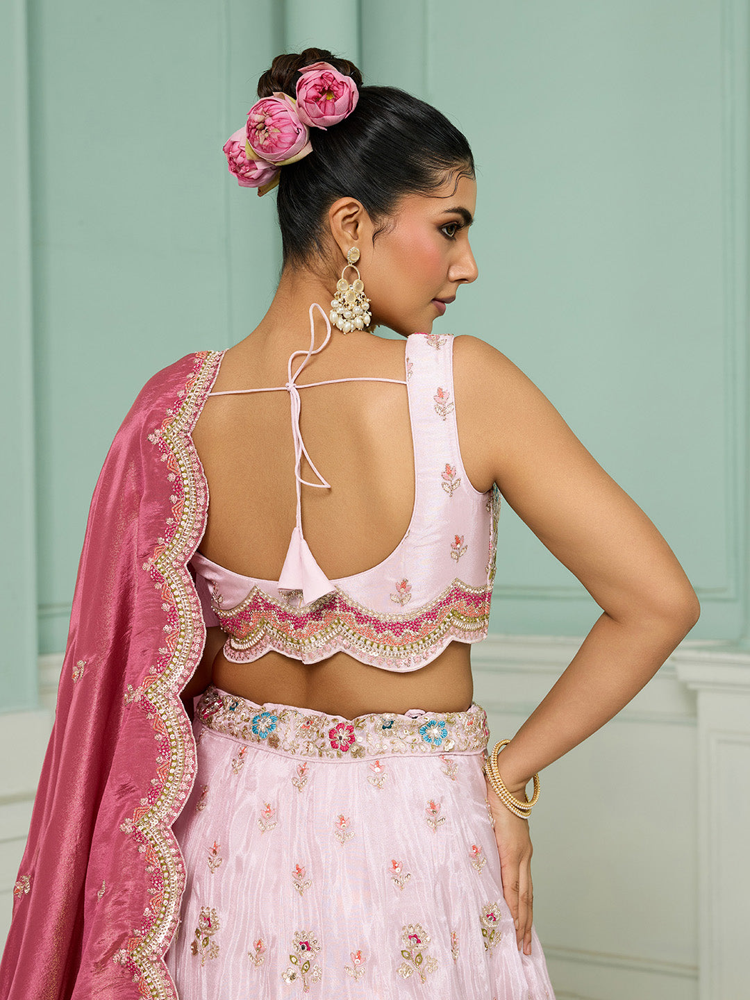Pink- Tissue Fabric Sequins embroidery Semi-Stitched Lehenga & Unstitched Blouse With Dupatta - qivii