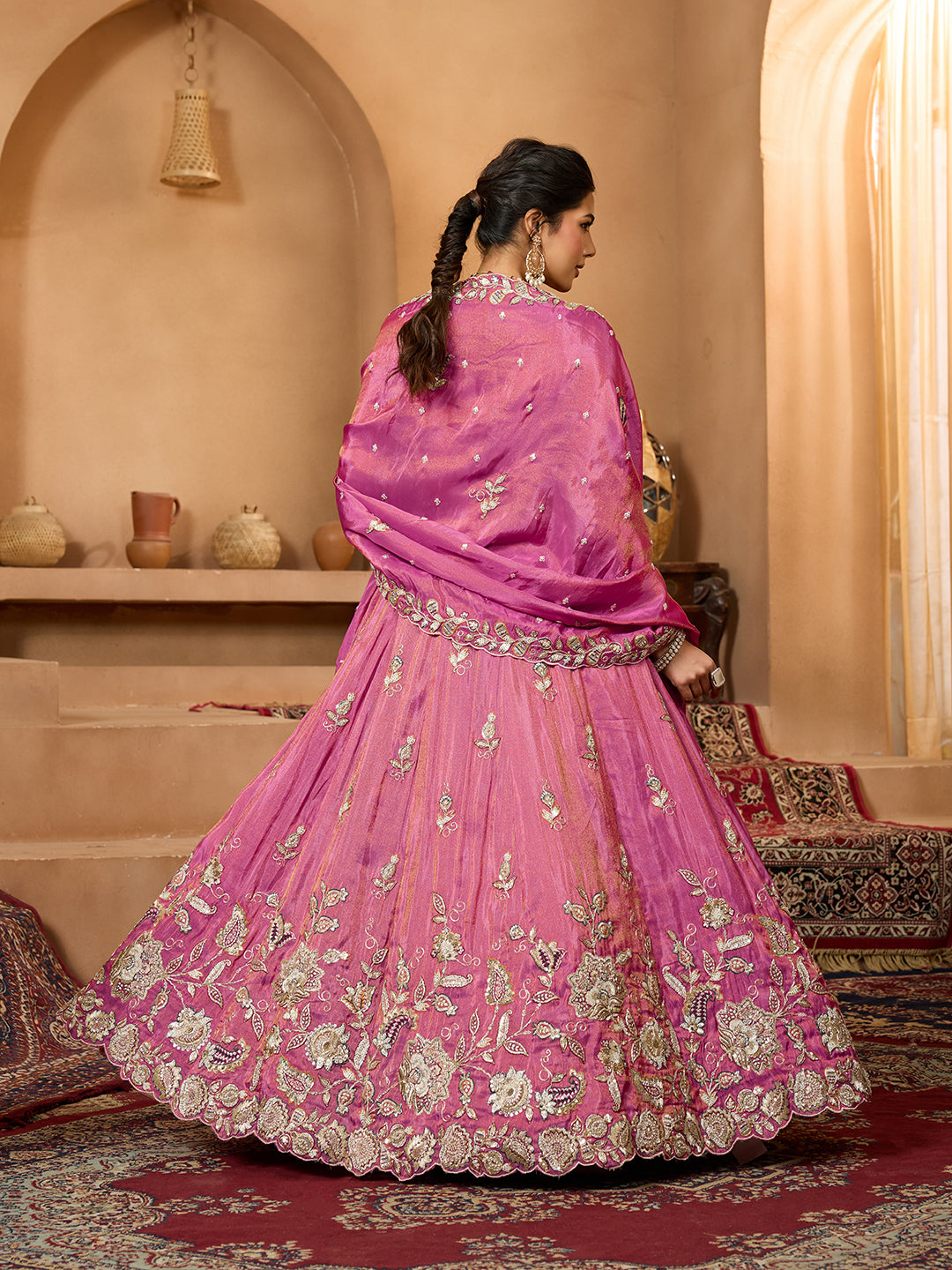 Pink- Tissue Fabric Sequins embroidery Semi-Stitched Lehenga & Unstitched Blouse With Dupatta - qivii