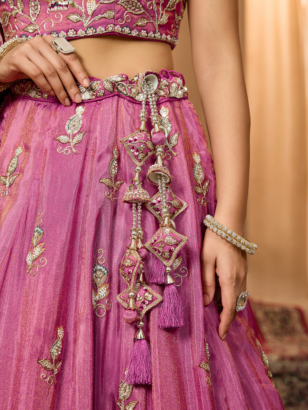 Pink- Tissue Fabric Sequins embroidery Semi-Stitched Lehenga & Unstitched Blouse With Dupatta - qivii
