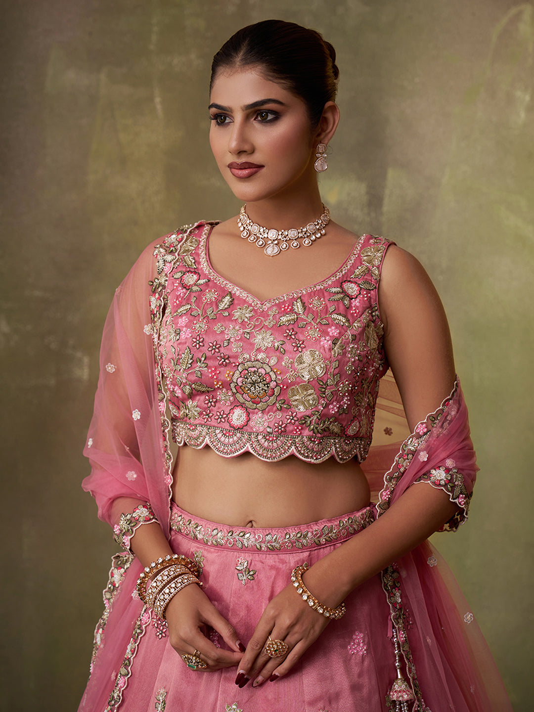 PINK - Tissue Fabric Sequins embroidery Lehenga & Unstitched Blouse With Dupatta