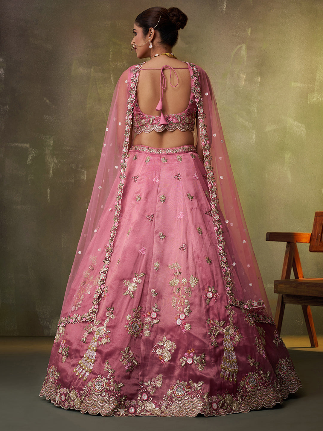 PINK - Tissue Fabric Sequins embroidery Lehenga & Unstitched Blouse With Dupatta