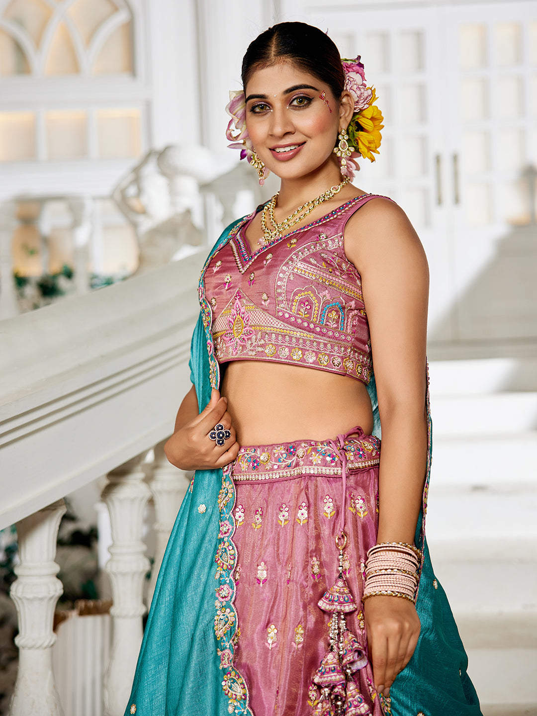 Pink - Tissue Sequinse embroidery Lehenga choli & Dupatta