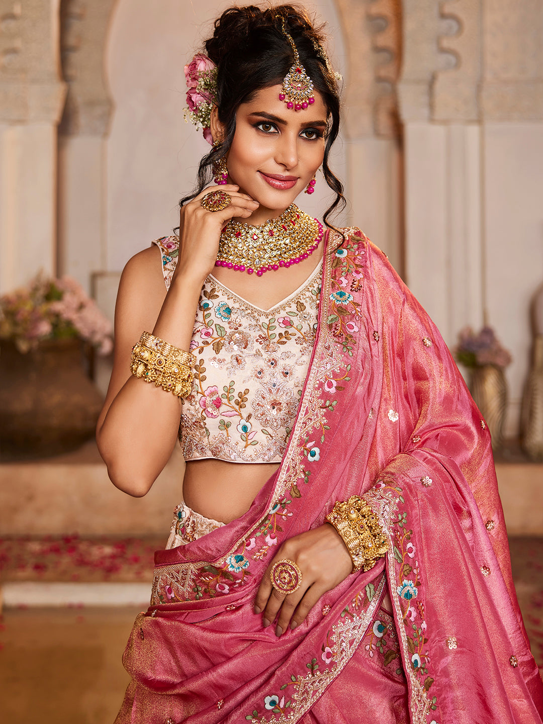 Pink - Tissue Sequinse embroidery Lehenga choli & Dupatta