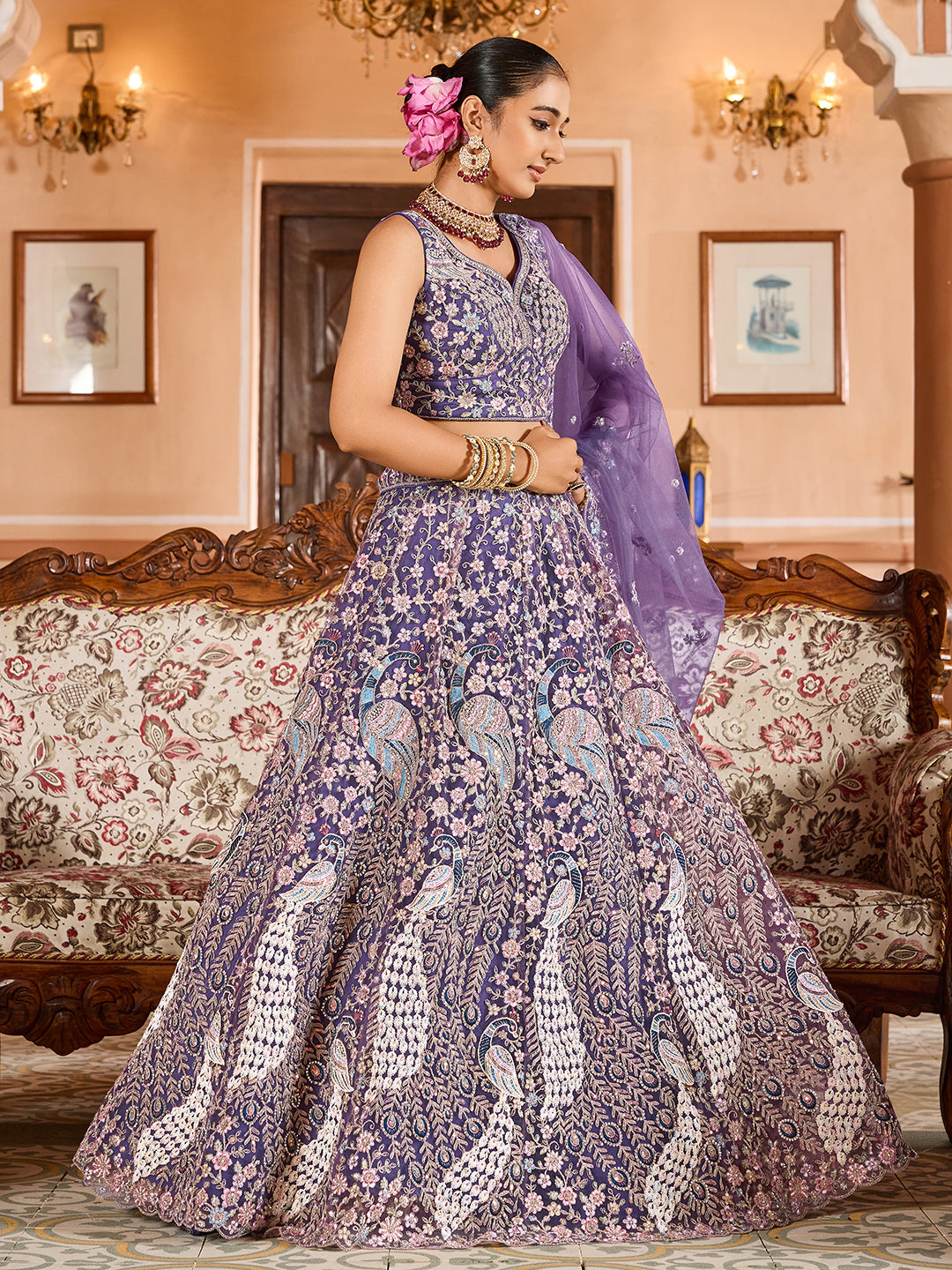 PURPLE - Net Fabric Sequins embroidery Semi-Stitched Lehenga & Unstitched Blouse With Dupatta