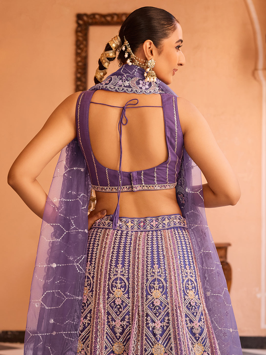 PURPLE - Net Fabric Sequins embroidery Lehenga & Unstitched Blouse With Dupatta