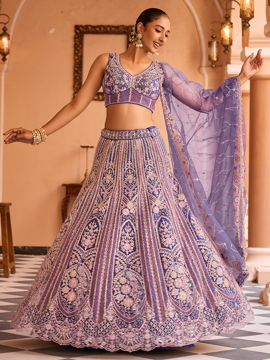 PURPLE - Net Fabric Sequins embroidery Lehenga & Unstitched Blouse With Dupatta