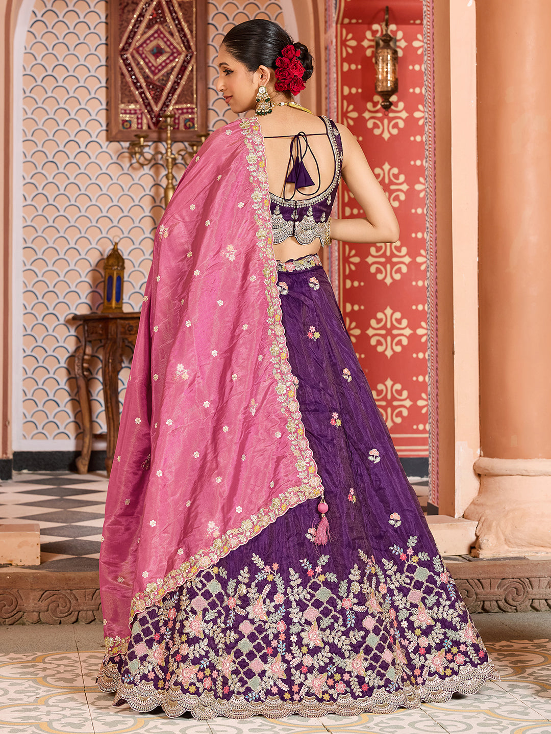 PURPLE - Tissue Fabric Sequins embroidery Lehenga & Unstitched Blouse With Dupatta