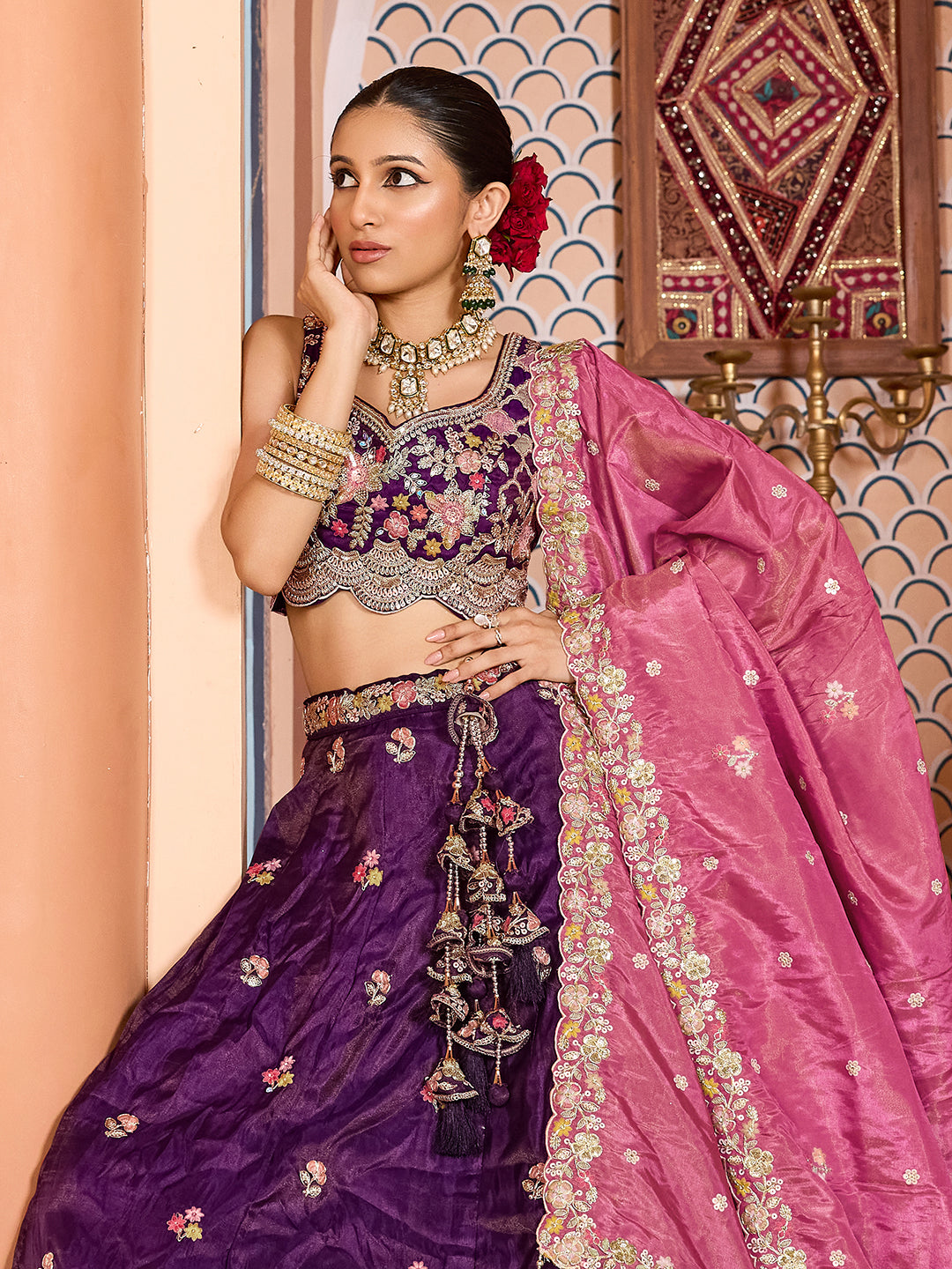 PURPLE - Tissue Fabric Sequins embroidery Lehenga & Unstitched Blouse With Dupatta