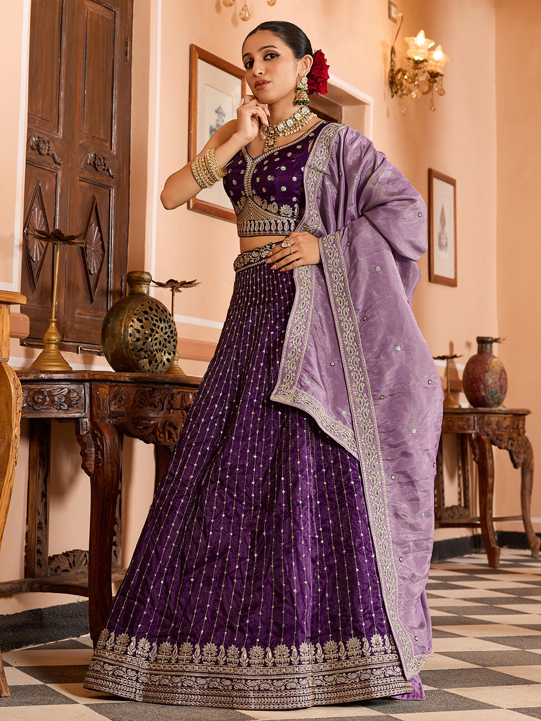 PURPLE - Tissue Silk Fabric Sequins embroidery Semi-Stitched Lehenga & Unstitched Blouse With Dupatta