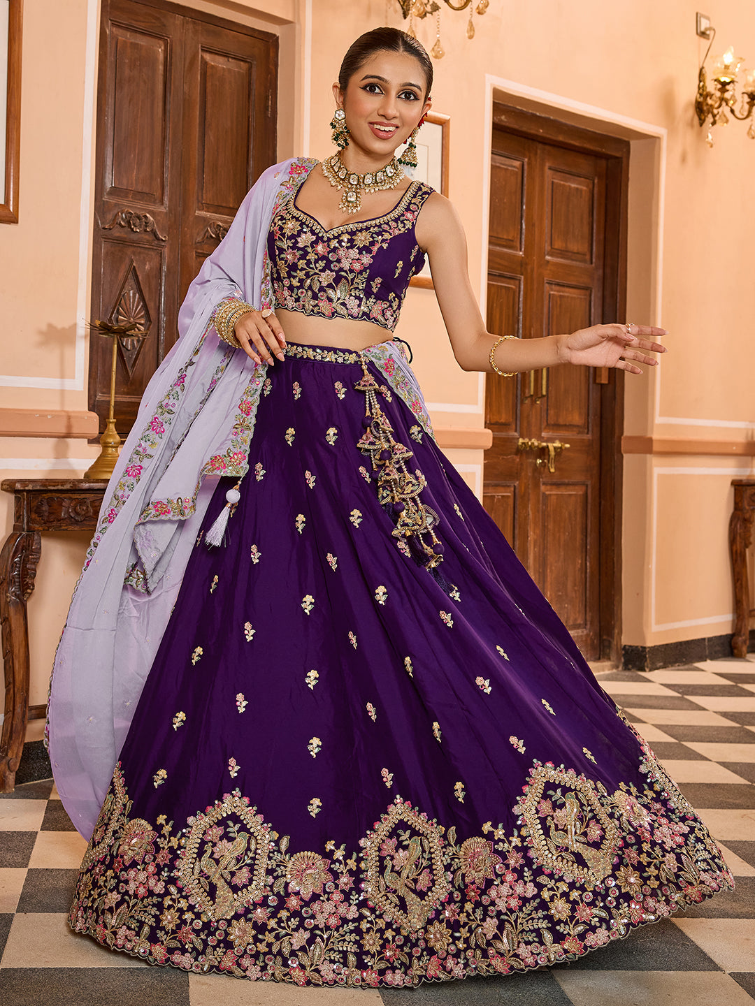 PURPLE - Georgette Fabric Sequins embroidery Lehenga & Unstitched Blouse With Dupatta