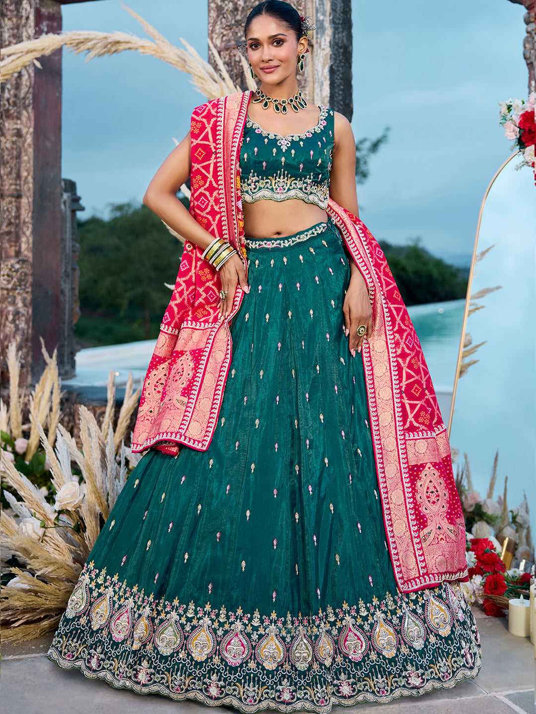 Green- Cosmos Silk Fabric Beads & Sequince Embroidered Semi-Stitched Lehenga Unstitched Blouse & Dupatta - qivii