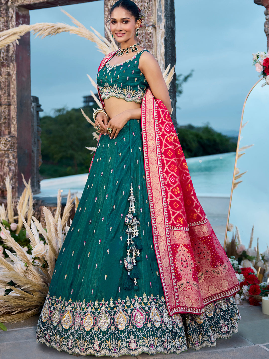 Green- Cosmos Silk Fabric Beads & Sequince Embroidered Semi-Stitched Lehenga Unstitched Blouse & Dupatta - qivii