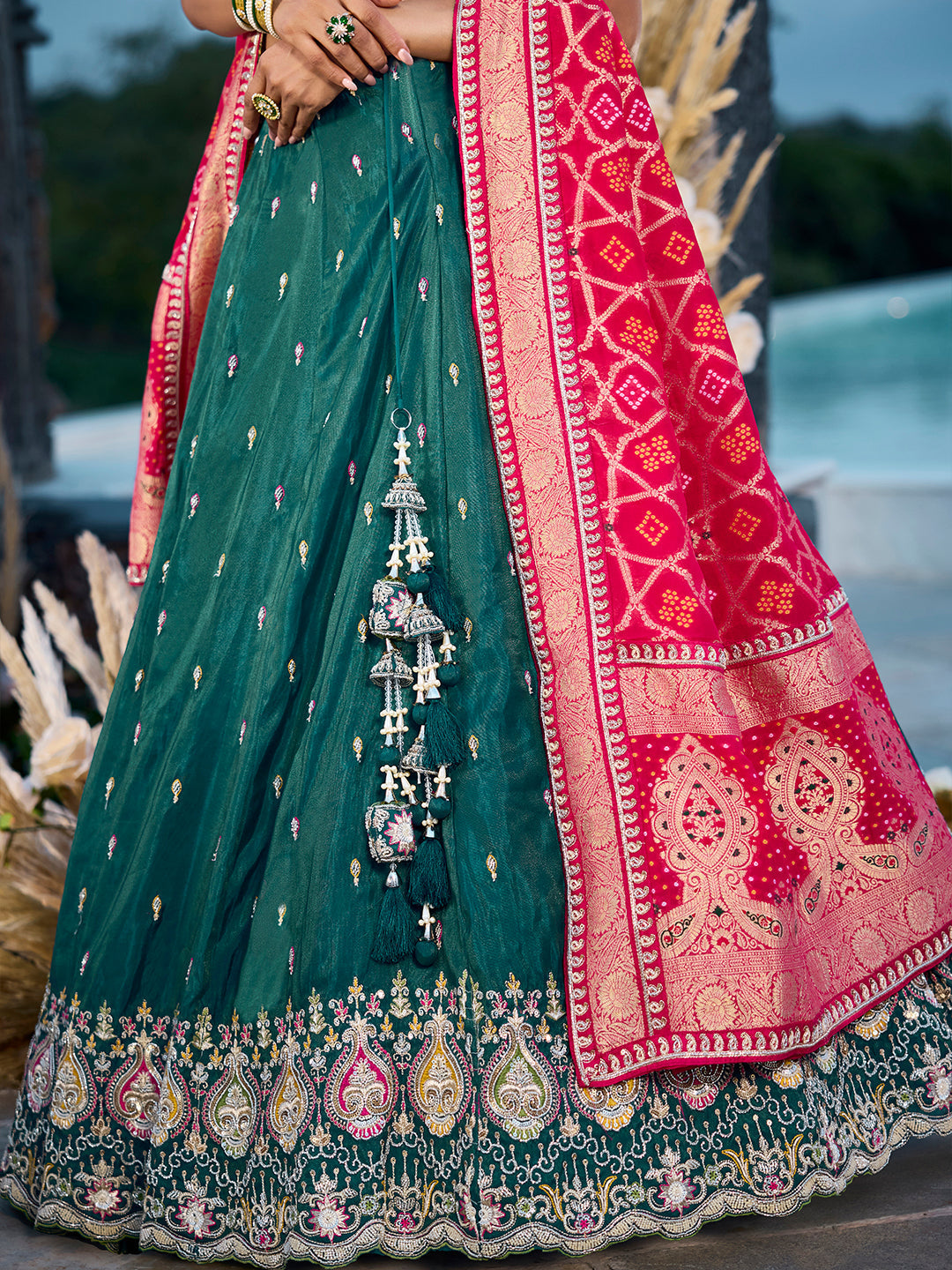 Green- Cosmos Silk Fabric Beads & Sequince Embroidered Semi-Stitched Lehenga Unstitched Blouse & Dupatta - qivii