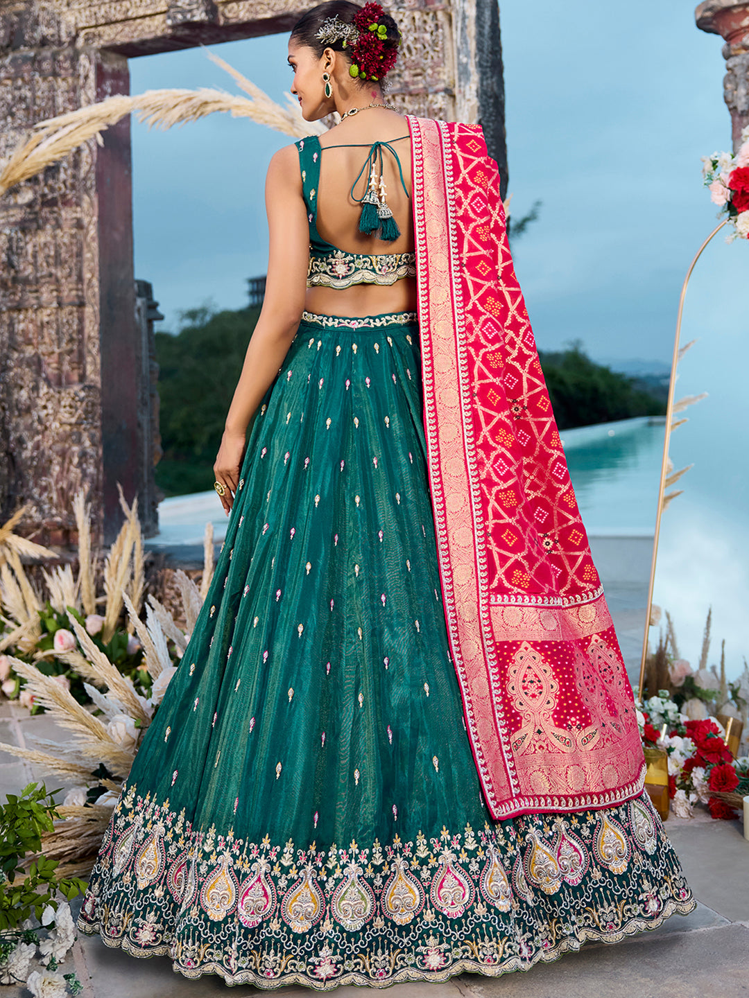 Green- Cosmos Silk Fabric Beads & Sequince Embroidered Semi-Stitched Lehenga Unstitched Blouse & Dupatta - qivii