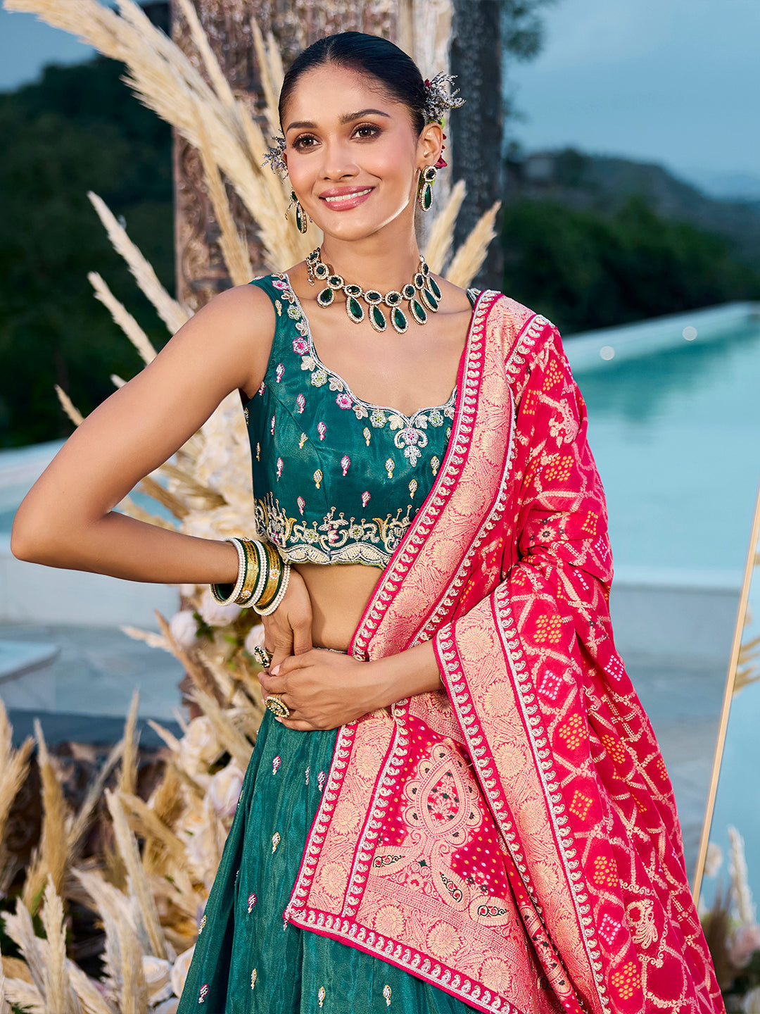 Green- Cosmos Silk Fabric Beads & Sequince Embroidered Semi-Stitched Lehenga Unstitched Blouse & Dupatta - qivii