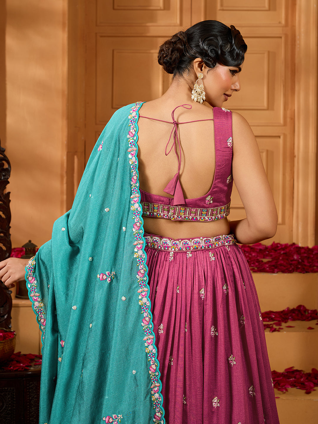 Rosegold- Silk Fabric Sequins embroidery Semi-Stitched Lehenga & Unstitched Blouse With Dupatta - qivii