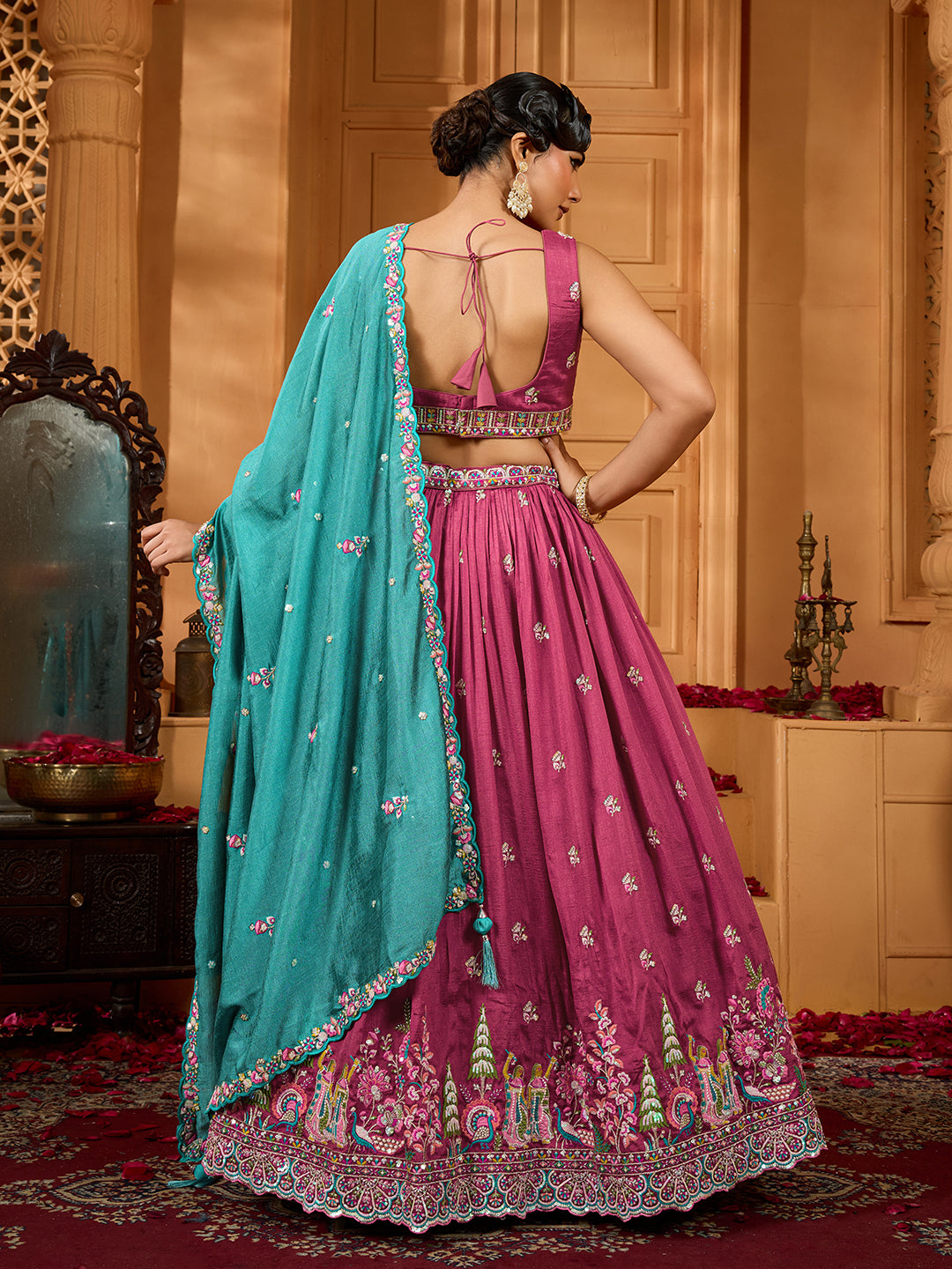 Rosegold- Silk Fabric Sequins embroidery Semi-Stitched Lehenga & Unstitched Blouse With Dupatta - qivii
