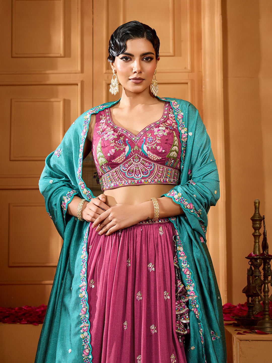 Rosegold- Silk Fabric Sequins embroidery Semi-Stitched Lehenga & Unstitched Blouse With Dupatta - qivii
