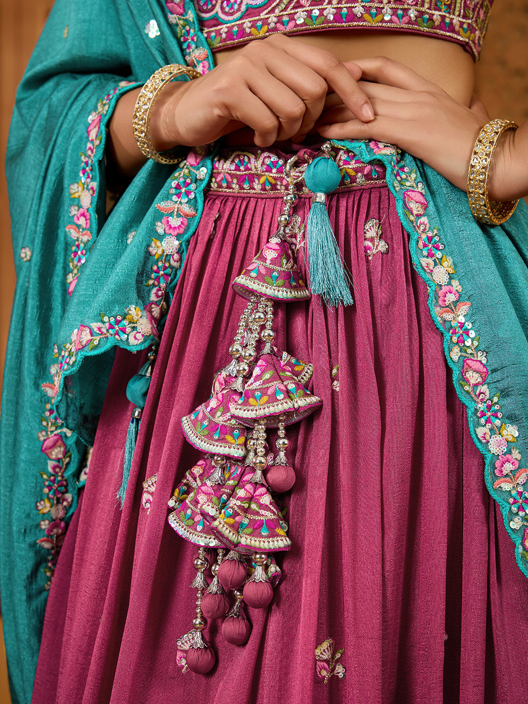 Rosegold- Silk Fabric Sequins embroidery Semi-Stitched Lehenga & Unstitched Blouse With Dupatta - qivii