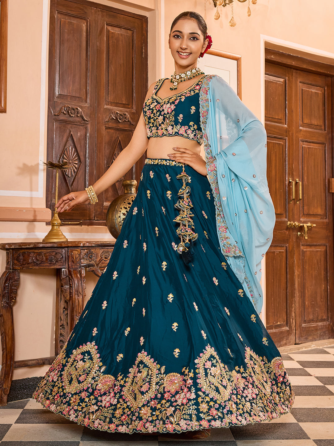 TEAL - Georgette Fabric Sequins embroidery Semi-Stitched Lehenga & Unstitched Blouse With Dupatta