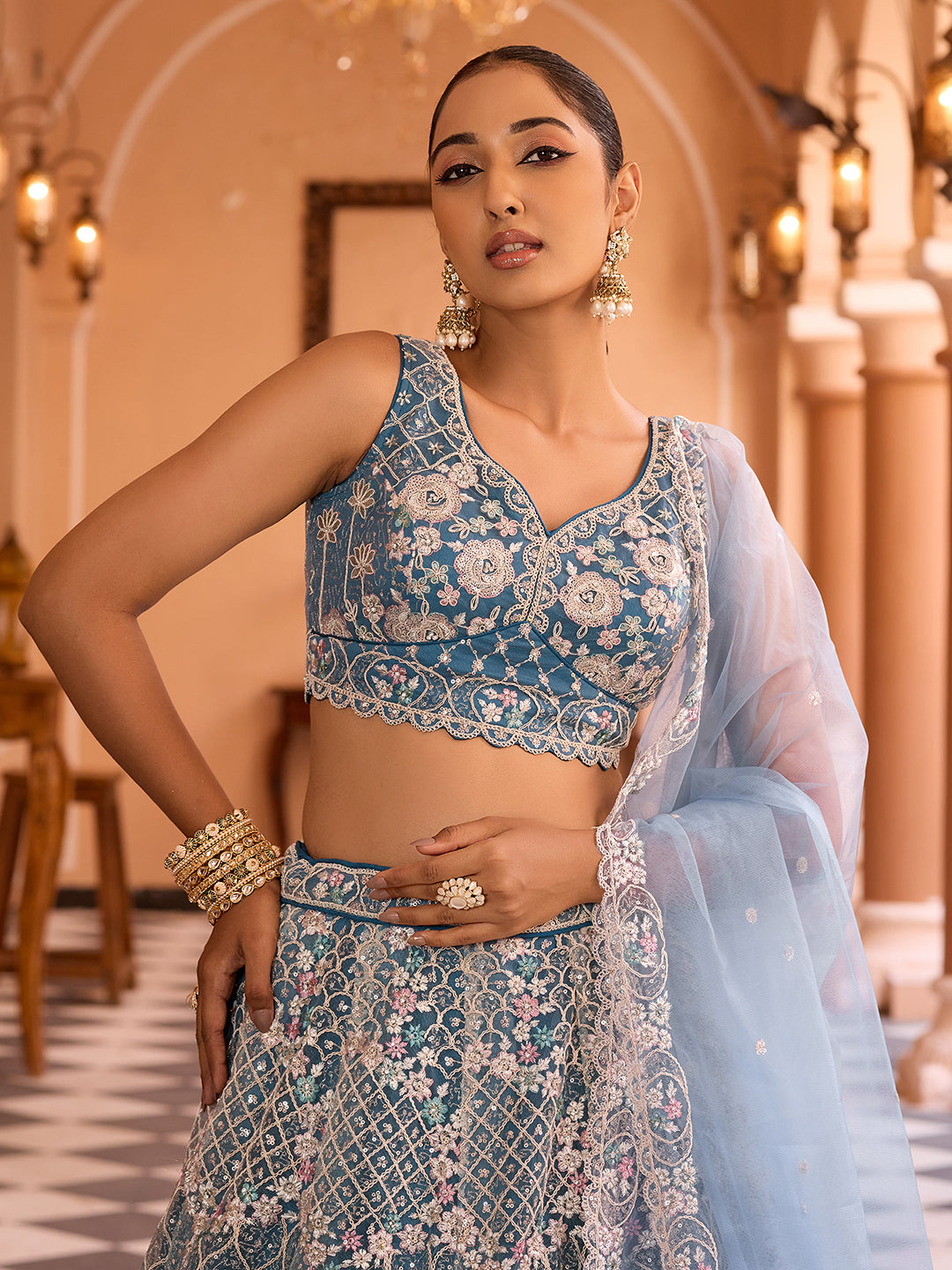 TEAL - Net Fabric Sequins embroidery Semi-Stitched Lehenga & Unstitched Blouse With Dupatta