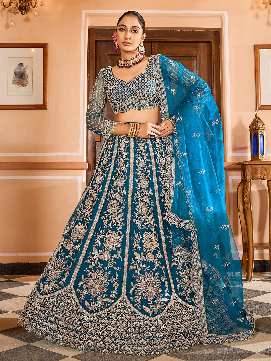 TEAL - Net Fabric Sequins embroidery Semi-Stitched Lehenga & Unstitched Blouse With Dupatta