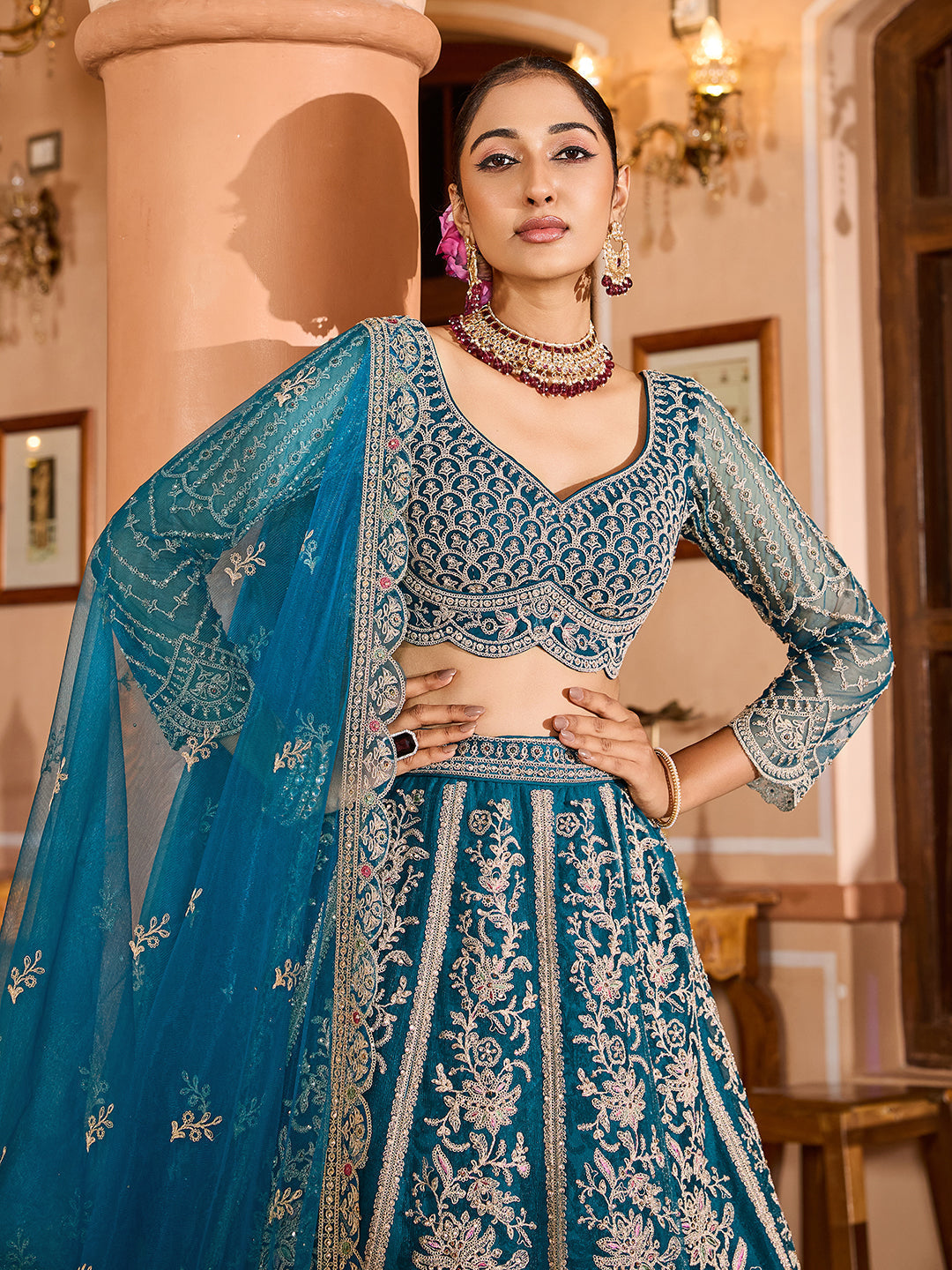 TEAL - Net Fabric Sequins embroidery Semi-Stitched Lehenga & Unstitched Blouse With Dupatta