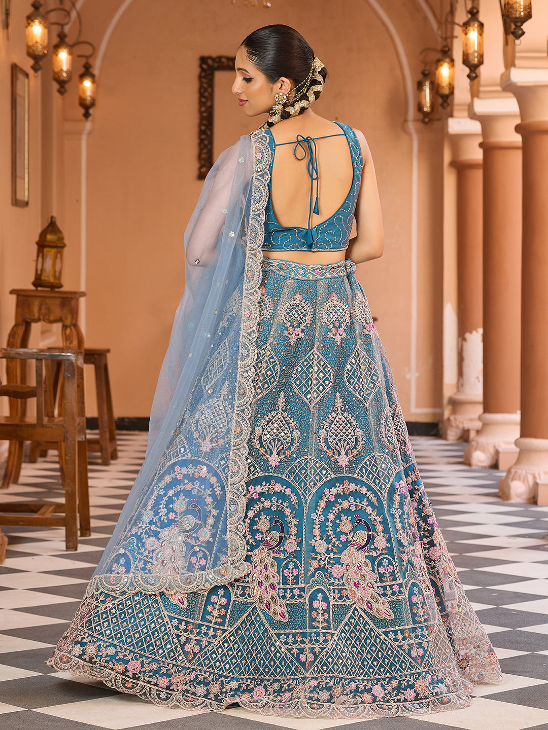TEAL - Net Fabric Sequins embroidery Semi-Stitched Lehenga & Unstitched Blouse With Dupatta
