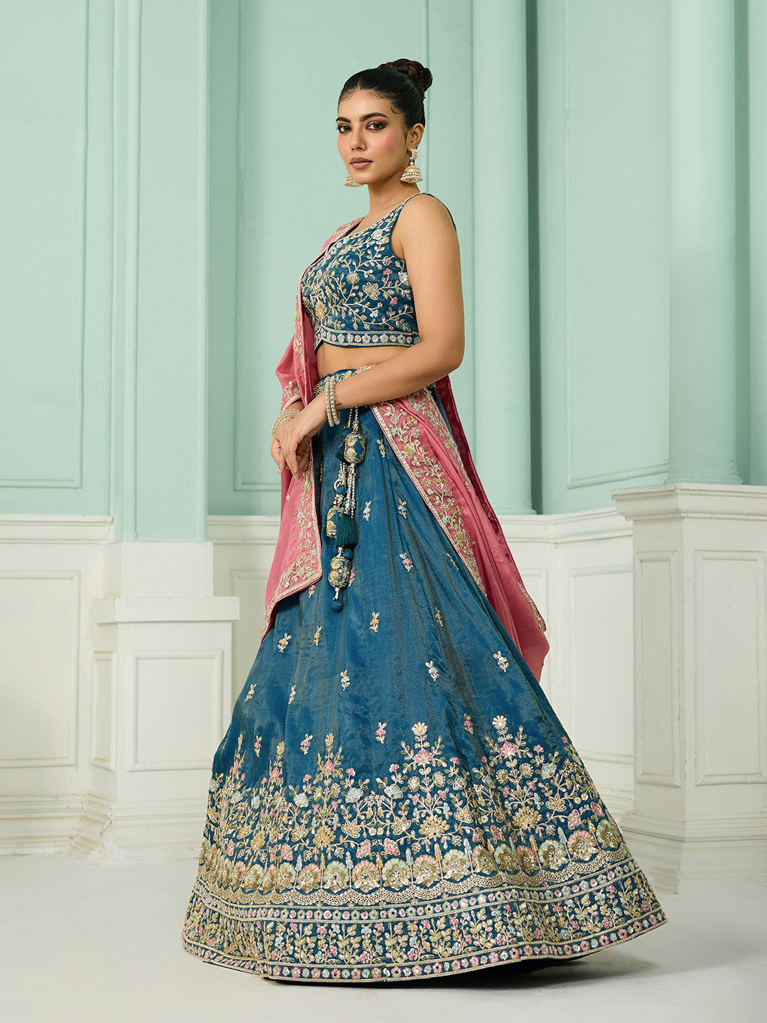 Teal- Silk Fabric Sequins embroidery Semi-Stitched Lehenga & Unstitched Blouse With Dupatta - qivii