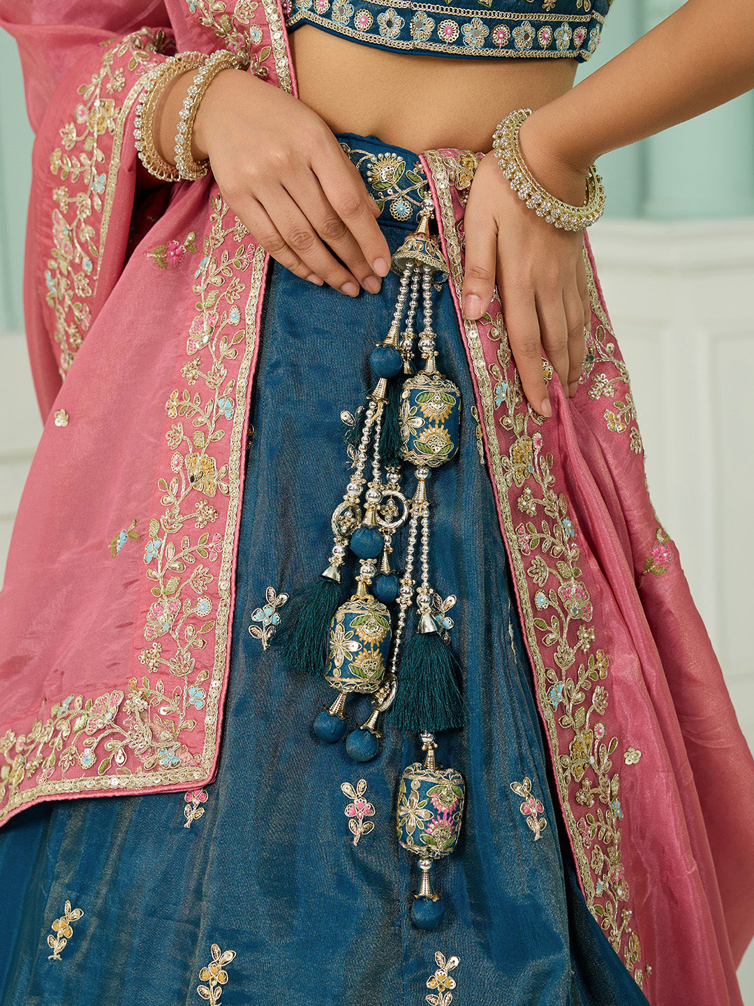 Teal- Silk Fabric Sequins embroidery Semi-Stitched Lehenga & Unstitched Blouse With Dupatta - qivii