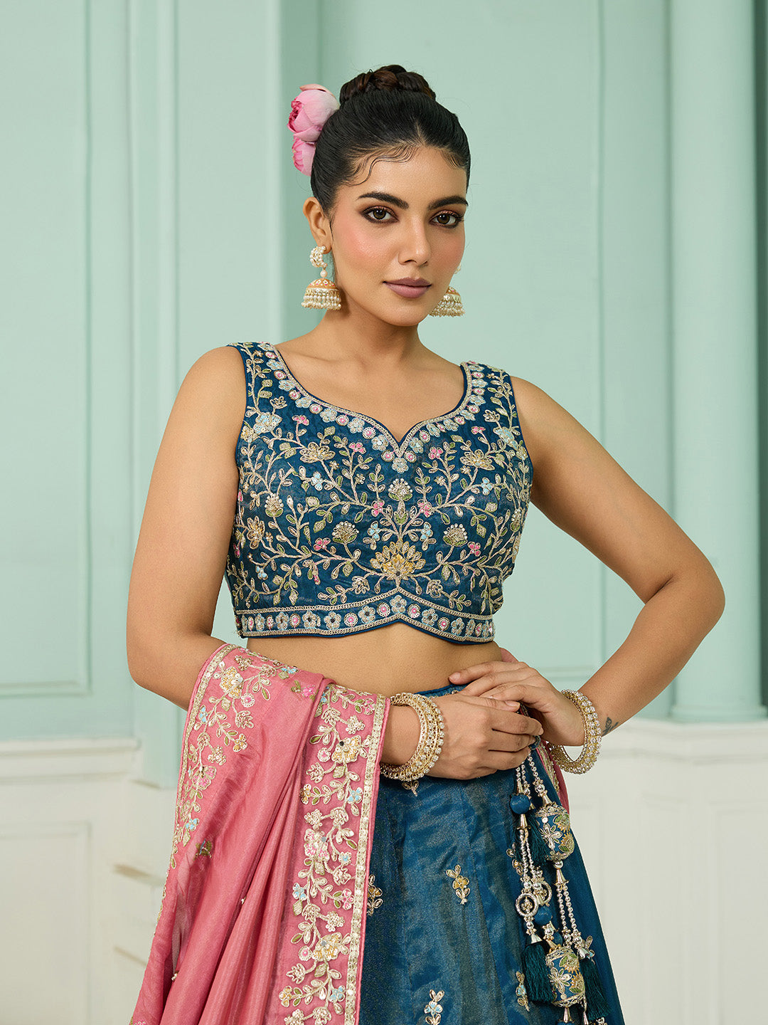 Teal- Silk Fabric Sequins embroidery Semi-Stitched Lehenga & Unstitched Blouse With Dupatta - qivii