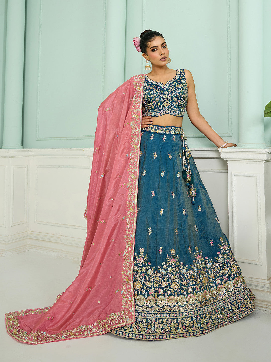 Teal- Silk Fabric Sequins embroidery Semi-Stitched Lehenga & Unstitched Blouse With Dupatta - qivii