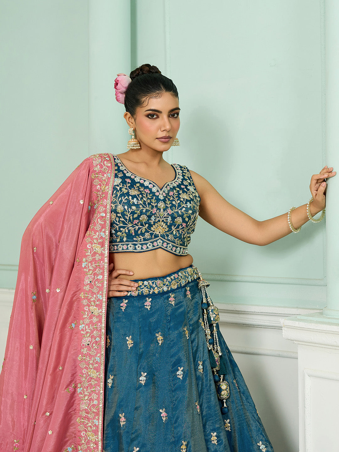 Teal- Silk Fabric Sequins embroidery Semi-Stitched Lehenga & Unstitched Blouse With Dupatta - qivii