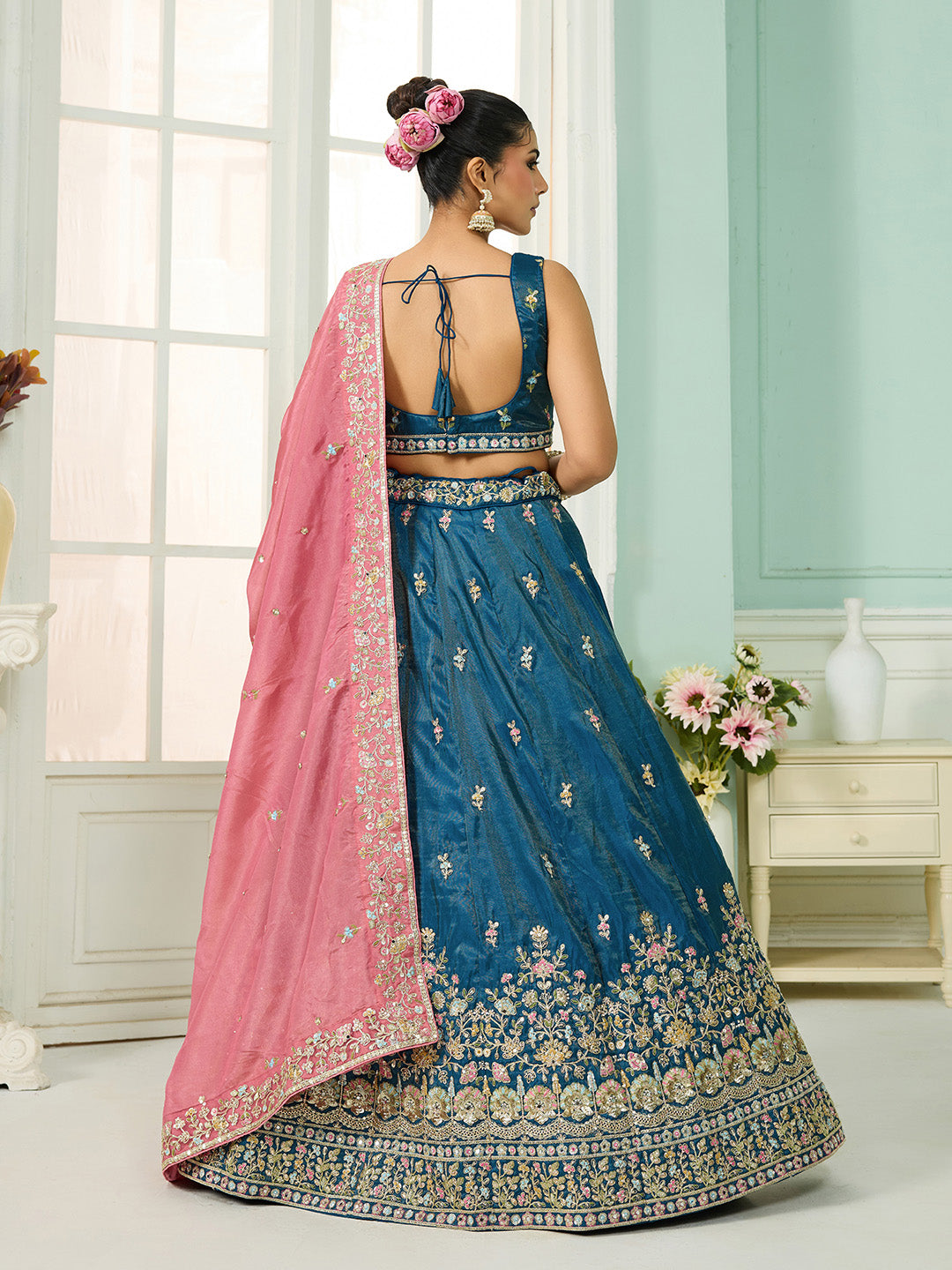 Teal- Silk Fabric Sequins embroidery Semi-Stitched Lehenga & Unstitched Blouse With Dupatta - qivii