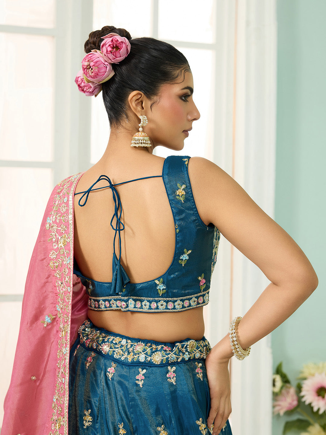 Teal- Silk Fabric Sequins embroidery Semi-Stitched Lehenga & Unstitched Blouse With Dupatta - qivii