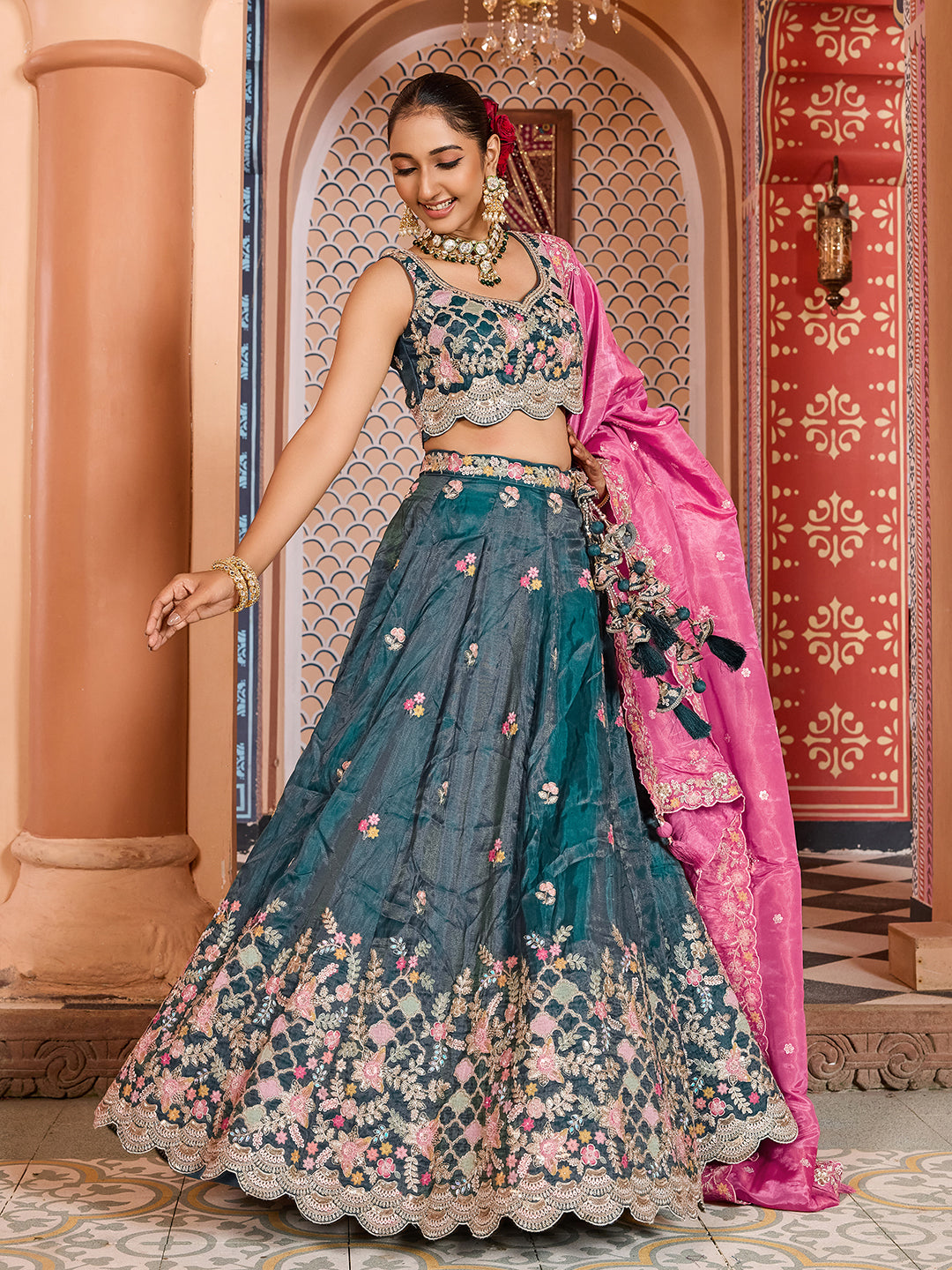 TEAL - Tissue Fabric Sequins embroidery Semi-Stitched Lehenga & Unstitched Blouse With Dupatta
