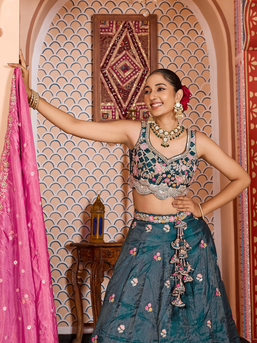 TEAL - Tissue Fabric Sequins embroidery Semi-Stitched Lehenga & Unstitched Blouse With Dupatta
