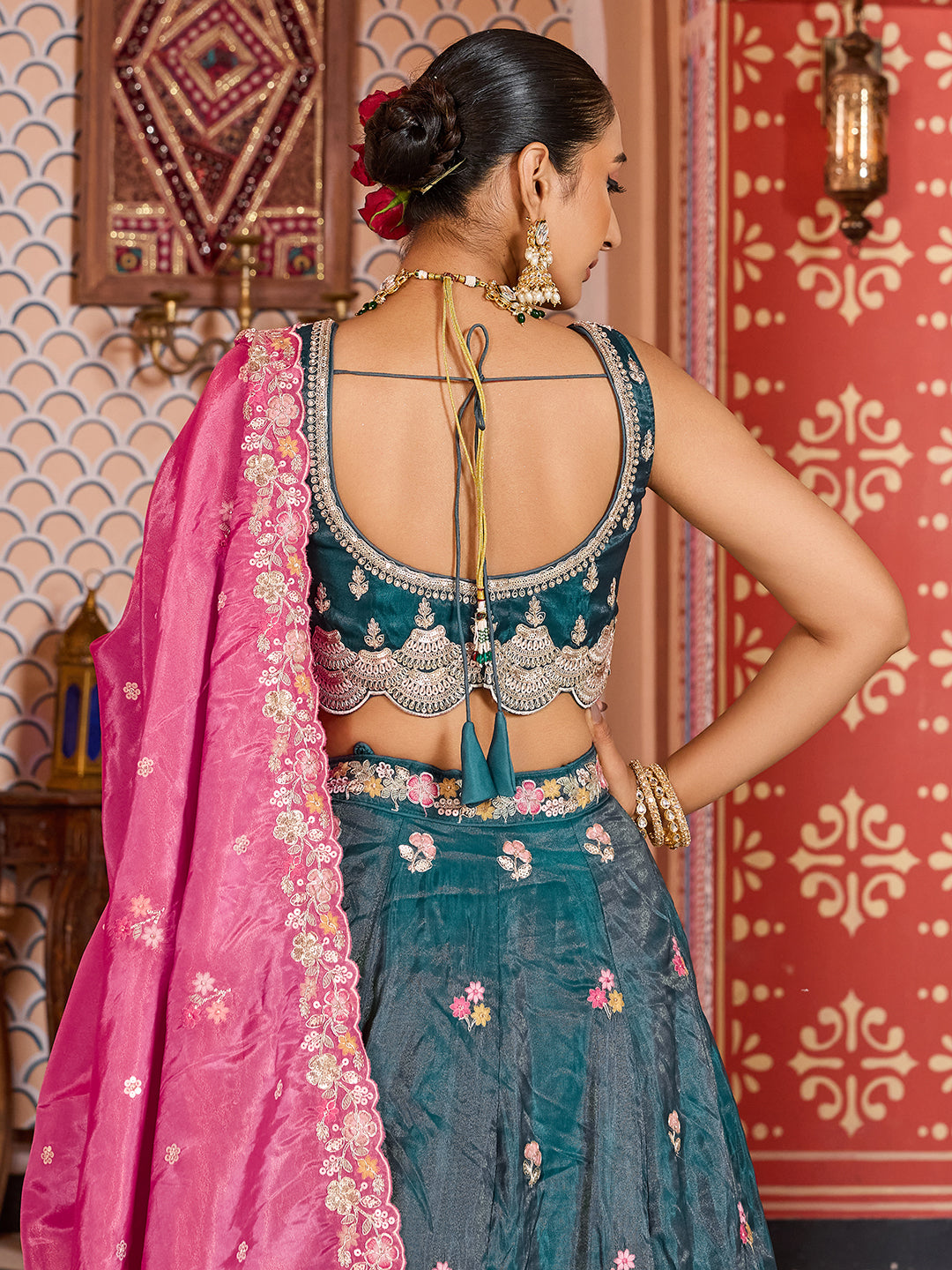 TEAL - Tissue Fabric Sequins embroidery Semi-Stitched Lehenga & Unstitched Blouse With Dupatta