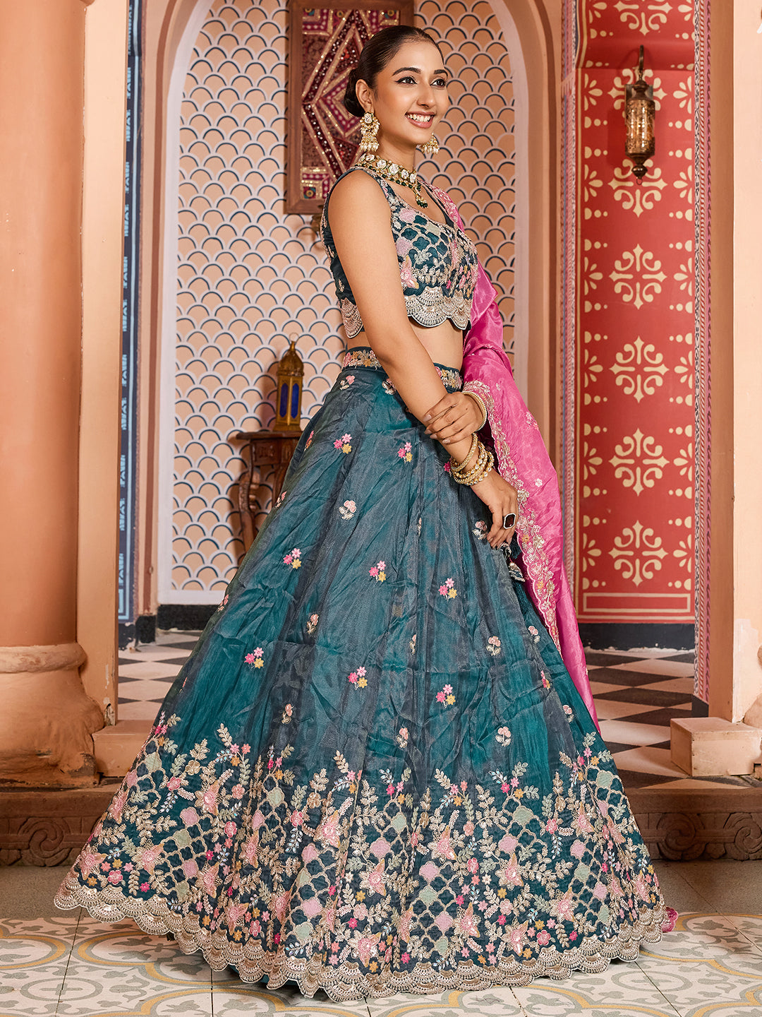 TEAL - Tissue Fabric Sequins embroidery Semi-Stitched Lehenga & Unstitched Blouse With Dupatta