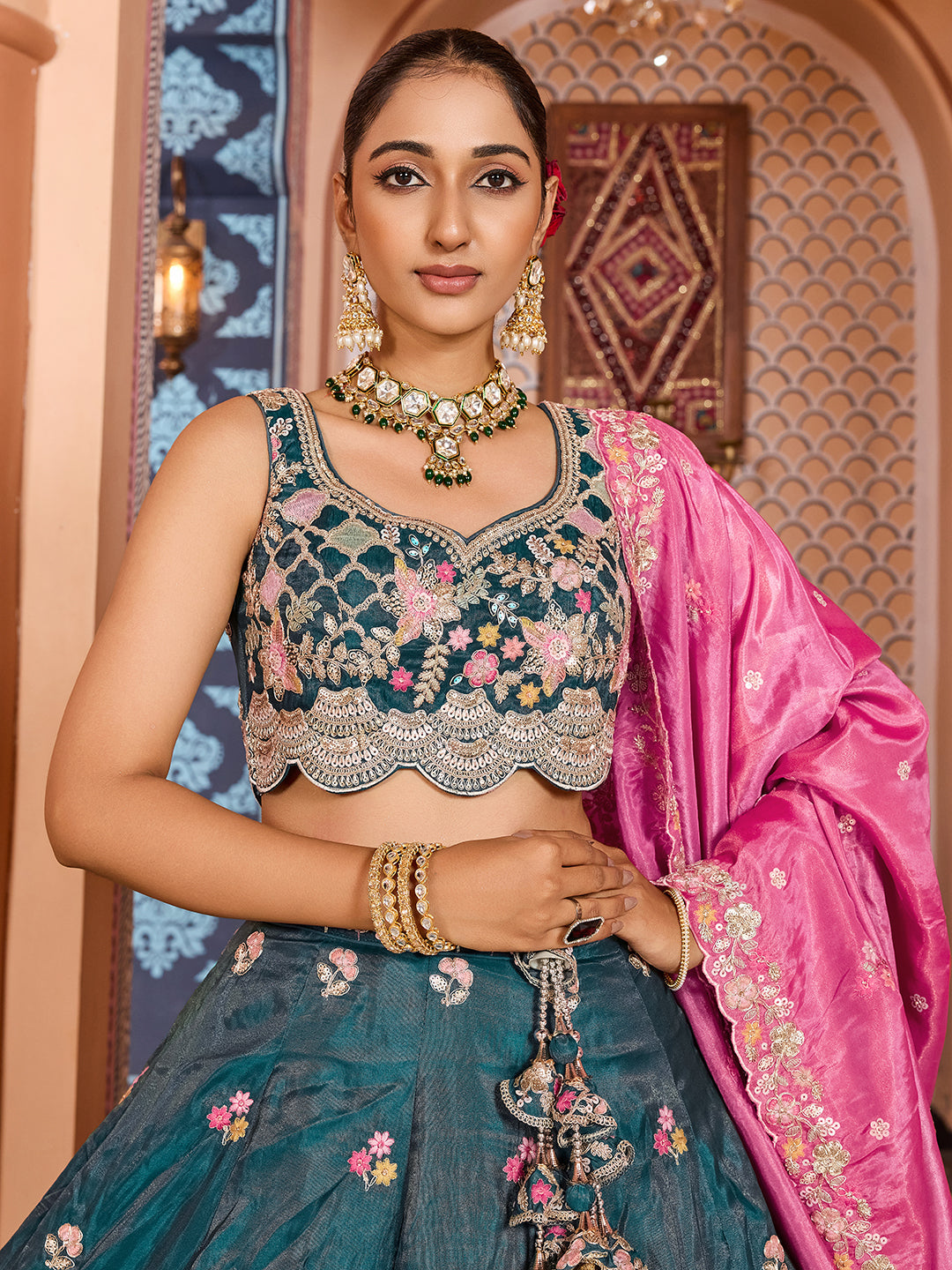 TEAL - Tissue Fabric Sequins embroidery Semi-Stitched Lehenga & Unstitched Blouse With Dupatta