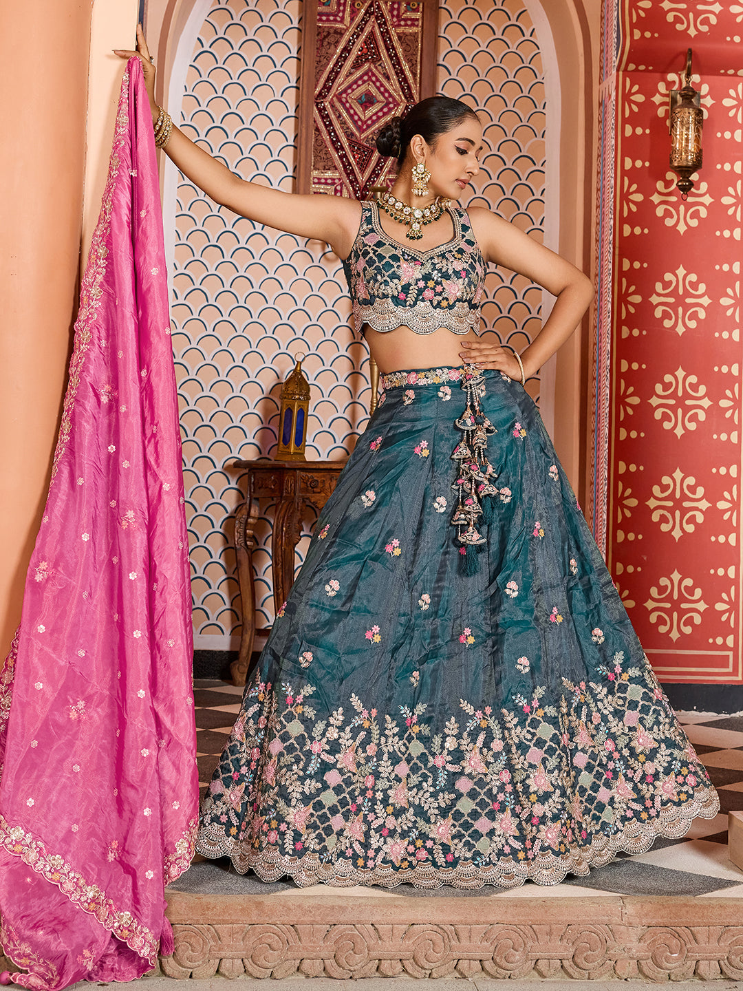 TEAL - Tissue Fabric Sequins embroidery Semi-Stitched Lehenga & Unstitched Blouse With Dupatta