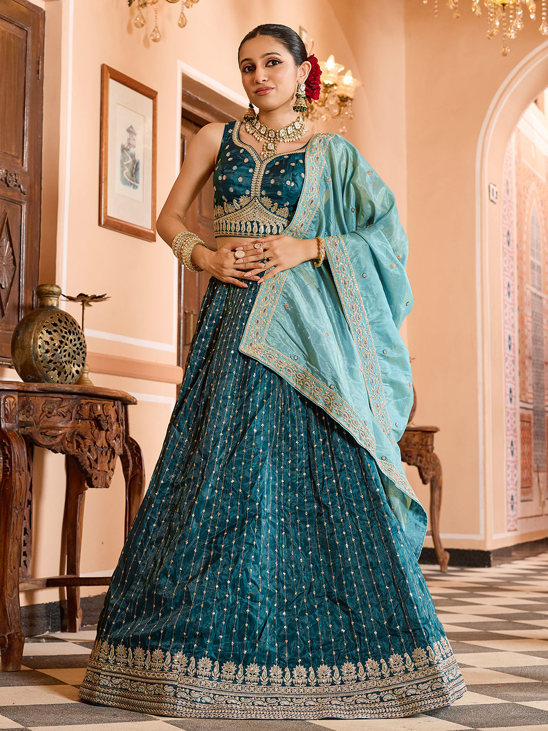 TEAL - Tissue Silk Fabric Sequins embroidery Semi-Stitched Lehenga & Unstitched Blouse With Dupatta