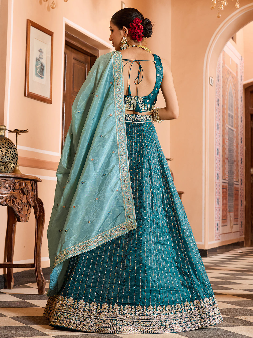 TEAL - Tissue Silk Fabric Sequins embroidery Semi-Stitched Lehenga & Unstitched Blouse With Dupatta